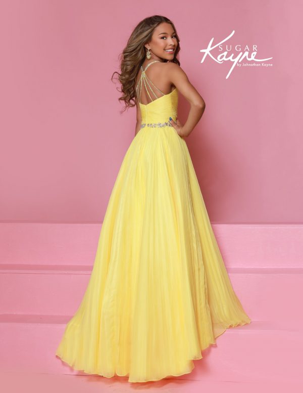 Yellow pleated gown with strappy open back and rhinestone belt, designed for girls' pageant stage or special occasion.